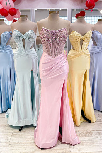 Grey Blue Beaded Strapless Sweep Train Prom Dress with Slit