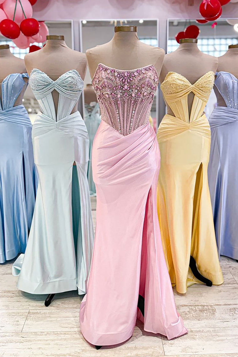 Load image into Gallery viewer, Grey Blue Beaded Strapless Sweep Train Prom Dress with Slit