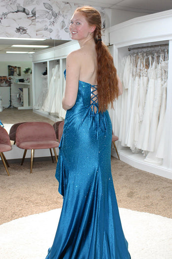 Dark Blue Sparkly Corset Ruffled Mermaid Sweep Train Prom Dress with Slit