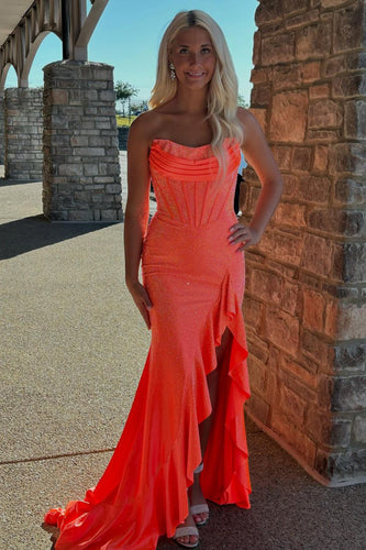 Sparkly Orange Ruffled Mermaid Sweetheart Sweep Train Corset Prom Dress with Slit