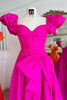 Load image into Gallery viewer, Fuchsia A-Line Puff Sleeve Sweep Train Prom Dress with Bow