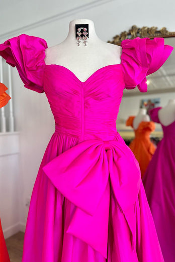 Fuchsia A-Line Puff Sleeve Sweep Train Prom Dress with Bow