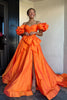 Load image into Gallery viewer, Orange A-Line Puff Sleeve Bowknot Long Prom Dress with Slit