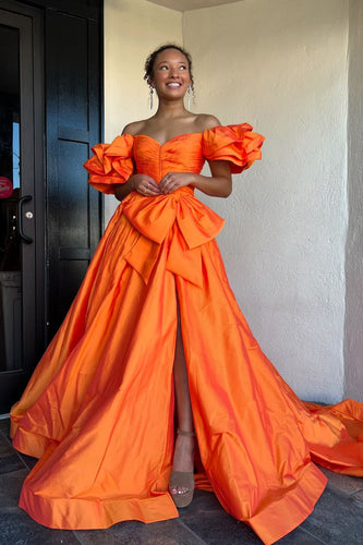 Orange A-Line Puff Sleeve Bowknot Long Prom Dress with Slit