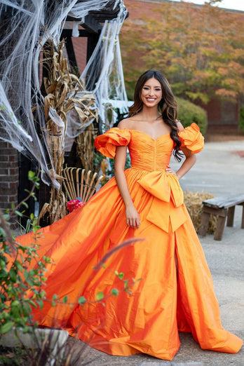 Orange A-Line Puff Sleeve Bowknot Long Prom Dress with Slit