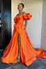 Load image into Gallery viewer, Orange A-Line Puff Sleeve Bowknot Long Prom Dress with Slit