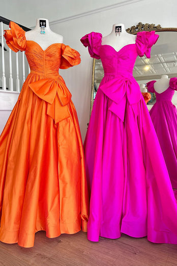 Fuchsia A-Line Puff Sleeve Sweep Train Prom Dress with Bow