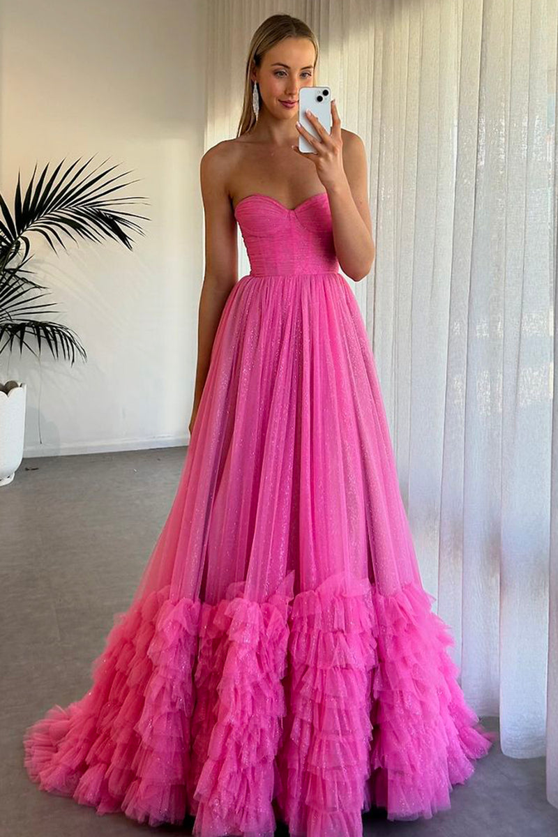 Load image into Gallery viewer, Sparkly Fuchsia Tiered Sweetheart Sweep Train Prom Dress with Ruffles