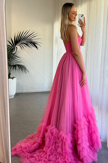 Sparkly Fuchsia Tiered Sweetheart Sweep Train Prom Dress with Ruffles