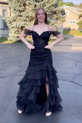 Black Corset Appliqued Lace Long Prom Dress with Slit