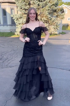 Black Corset Appliqued Lace Long Prom Dress with Slit