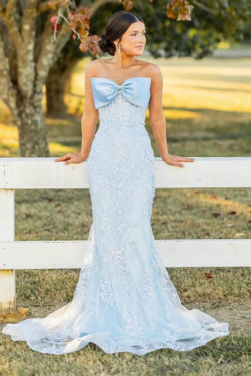 Load image into Gallery viewer, Sparkly Light Blue Corset Bowknot Long Prom Dress with Appliques