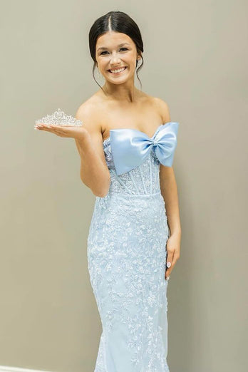 Sparkly Light Blue Corset Bowknot Long Prom Dress with Appliques