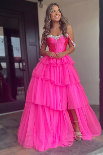 Sparkly Fuchsia Corset Beaded Long Prom Dress with Slit