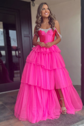 Sparkly Fuchsia Corset Beaded Long Prom Dress with Slit