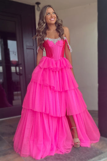 Sparkly Fuchsia Corset Beaded Long Prom Dress with Slit