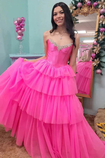 Sparkly Fuchsia Corset Beaded Long Prom Dress with Slit