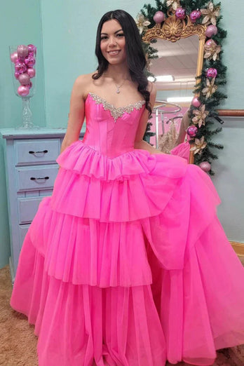 Sparkly Fuchsia Corset Beaded Long Prom Dress with Slit