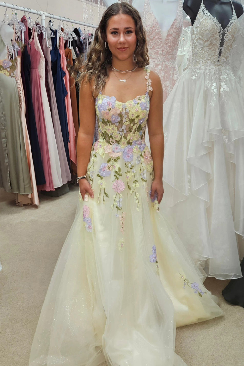 Floral Yellow Corset A Line Long Prom Dress