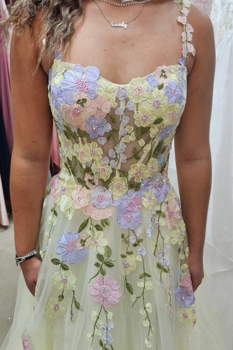 Load image into Gallery viewer, Floral Yellow Corset A Line Long Prom Dress