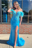 Load image into Gallery viewer, Sparkly Blue Corset Sequin Long Prom Dress with Feathers