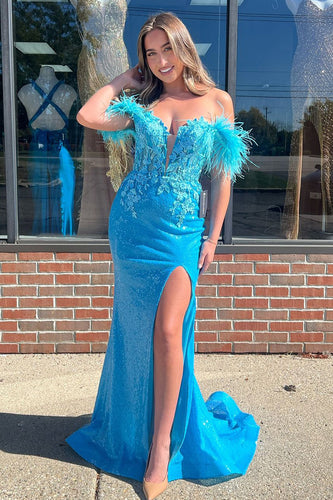 Sparkly Blue Corset Sequin Long Prom Dress with Feathers