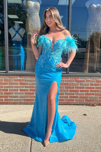 Sparkly Blue Corset Sequin Long Prom Dress with Feathers