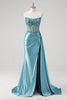 Load image into Gallery viewer, Sparkly Grey Blue Corset Appliqued Prom Dress with Slit