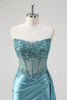 Load image into Gallery viewer, Sparkly Grey Blue Corset Appliqued Prom Dress with Slit