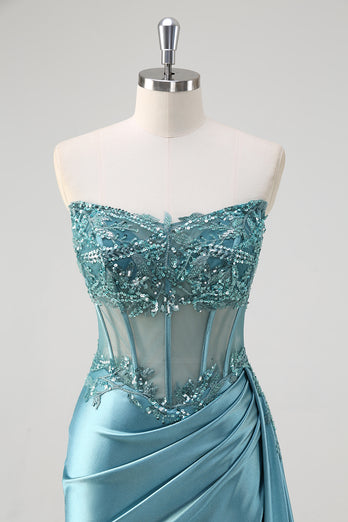 Sparkly Grey Blue Corset Appliqued Prom Dress with Slit