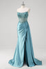 Load image into Gallery viewer, Sparkly Grey Blue Corset Appliqued Prom Dress with Slit