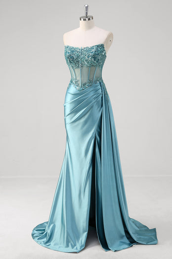 Sparkly Grey Blue Corset Appliqued Prom Dress with Slit