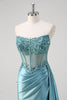 Load image into Gallery viewer, Sparkly Grey Blue Corset Appliqued Prom Dress with Slit