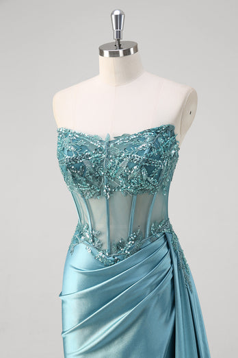 Sparkly Grey Blue Corset Appliqued Prom Dress with Slit