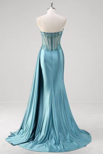 Sparkly Grey Blue Corset Appliqued Prom Dress with Slit