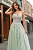 Load image into Gallery viewer, Sparkly Sage Floral A Line Tulle Long Corset Prom Dress