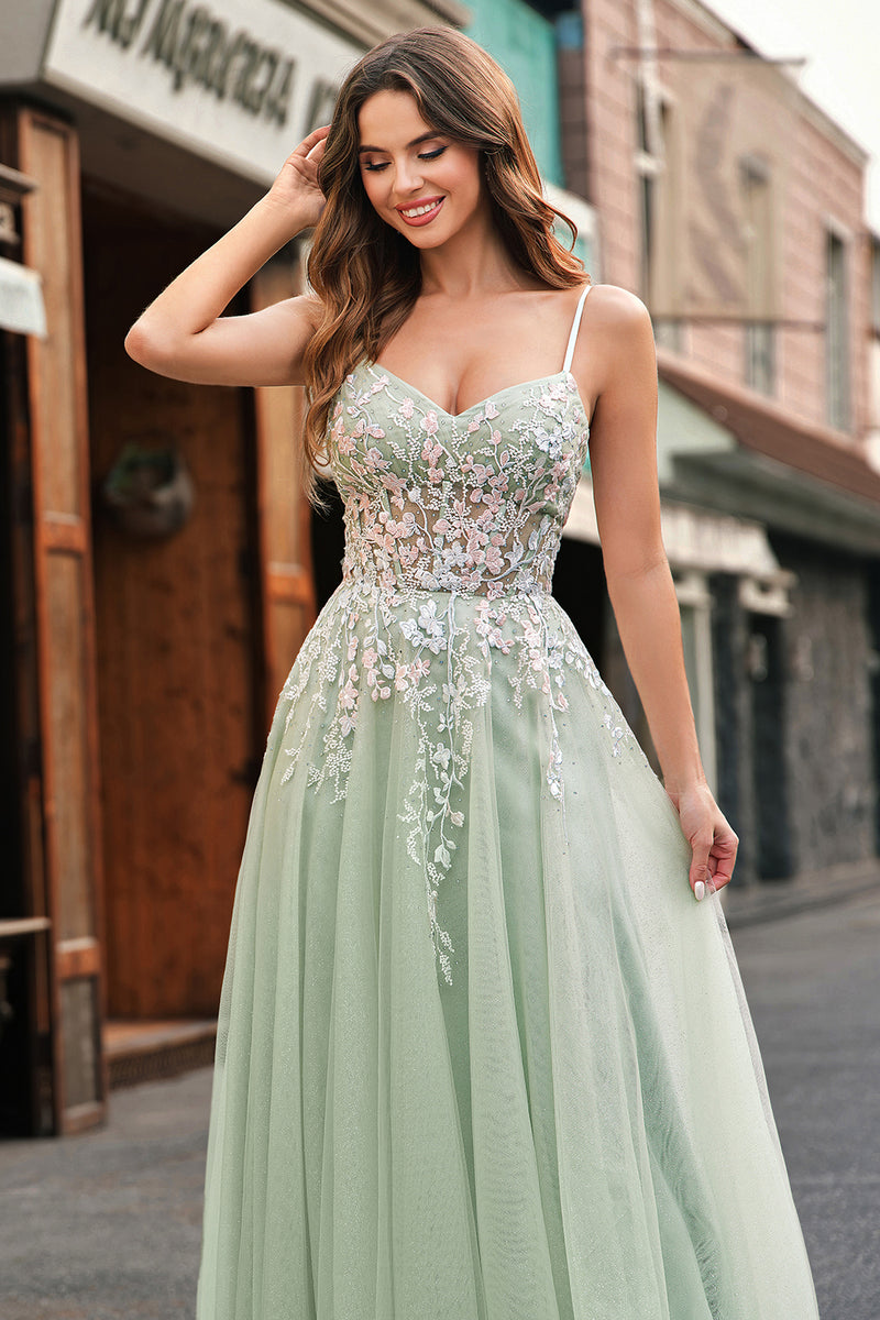 Load image into Gallery viewer, Sparkly Sage Floral A Line Tulle Long Corset Prom Dress