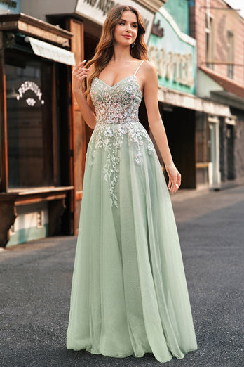 Sparkly Sage Floral A Line Tulle Long Corset Prom Dress