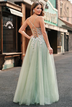 Sparkly Sage Floral A Line Tulle Long Corset Prom Dress