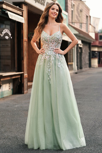 Sparkly Sage Floral A Line Tulle Long Corset Prom Dress