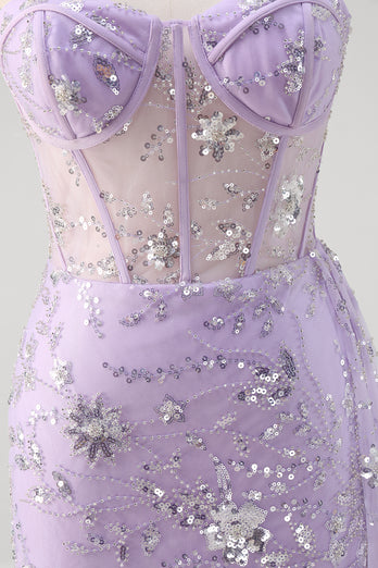 Glitter Light Purple Corset Prom Dress with Beading