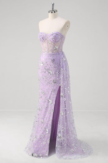 Glitter Light Purple Corset Prom Dress with Beading