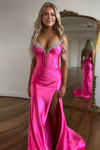 Sparkly Fuchsia Mermaid Spaghetti Straps Prom Dress with Slit