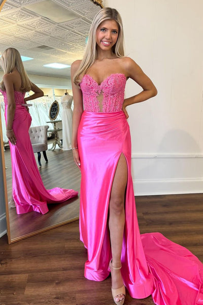 Fuchsia Corset Strapless Mermaid Long Prom Dress with Slit