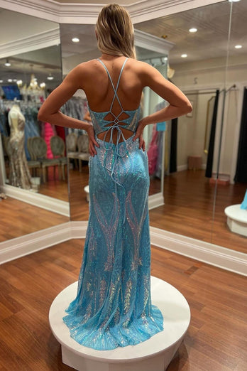 Blue Spaghetti Straps Straight Corset Long Prom Dress with Slit