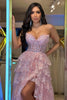 Load image into Gallery viewer, Sparkly Blush Strapless A-Line Sequined Long Prom Dress with Slit