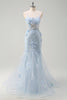 Load image into Gallery viewer, Floral Blue A Line Corset Spaghetti Straps Long Tulle Prom Dress