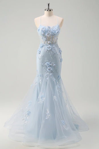 Floral Blue A Line Corset Spaghetti Straps Long Tulle Prom Dress