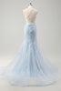 Load image into Gallery viewer, Floral Blue A Line Corset Spaghetti Straps Long Tulle Prom Dress