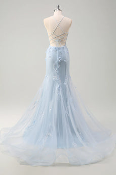 Floral Blue A Line Corset Spaghetti Straps Long Tulle Prom Dress